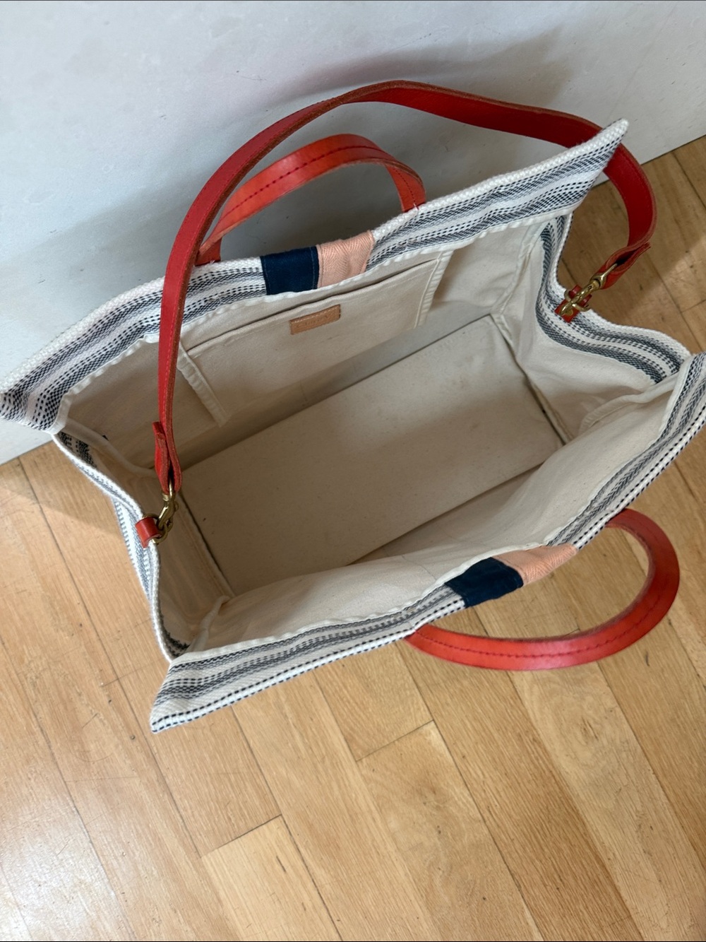 Clare V Striped Canvas Tote with Navy and Peach Center Stripes - Picture 5 of 5